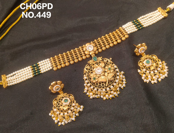Kala Creation Gold Plated Pota Stone Choker Necklace Set
