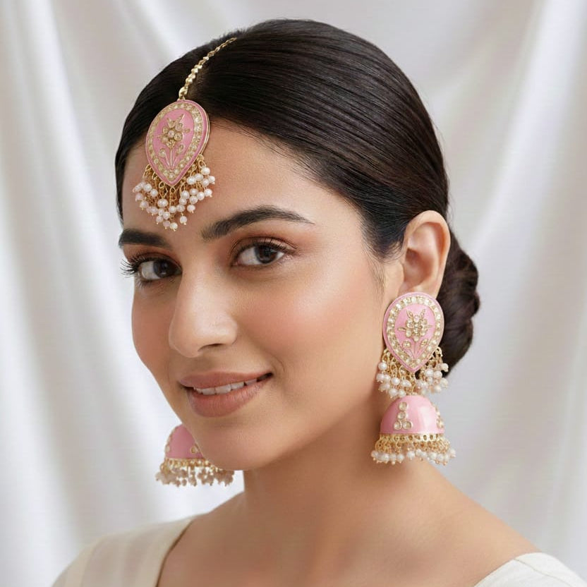 Sanshray Traditional Pearl Meenakari Jhumki Earrings With Maangtikka