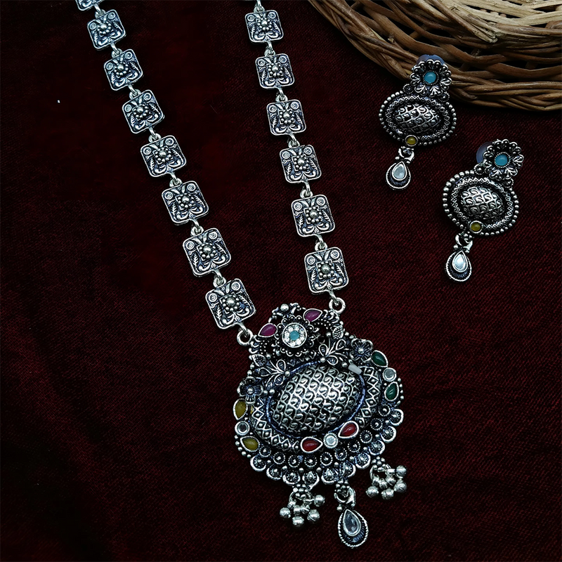 Gehana Mahal Oxidised Plated Pota Stone Long Necklace Set