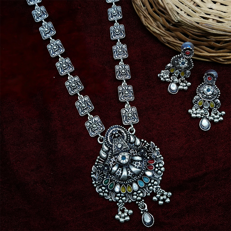 Gehana Mahal Oxidised Plated Pota Stone Long Necklace Set