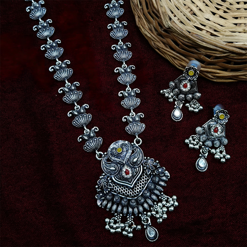 Gehana Mahal Oxidised Plated Pota Stone Long Necklace Set