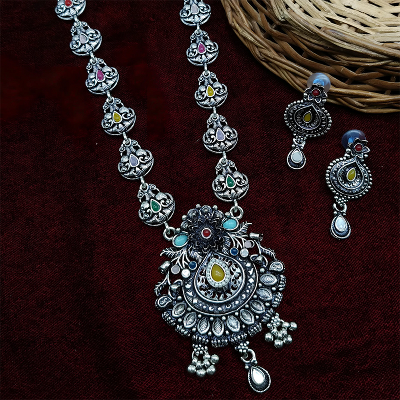 Gehana Mahal Oxidised Plated Pota Stone Long Necklace Set