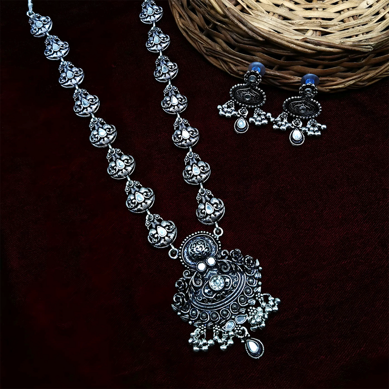 Gehana Mahal Oxidised Plated Pota Stone Long Necklace Set