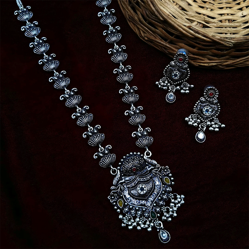 Gehana Mahal Oxidised Plated Pota Stone Long Necklace Set