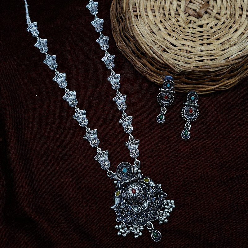 Gehana Mahal Oxidised Plated Pota Stone Long Necklace Set