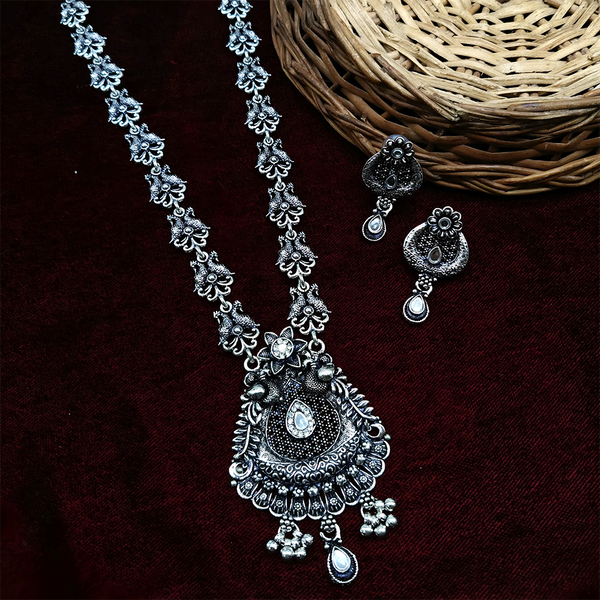 Gehana Mahal Oxidised Plated Pota Stone Long Necklace Set