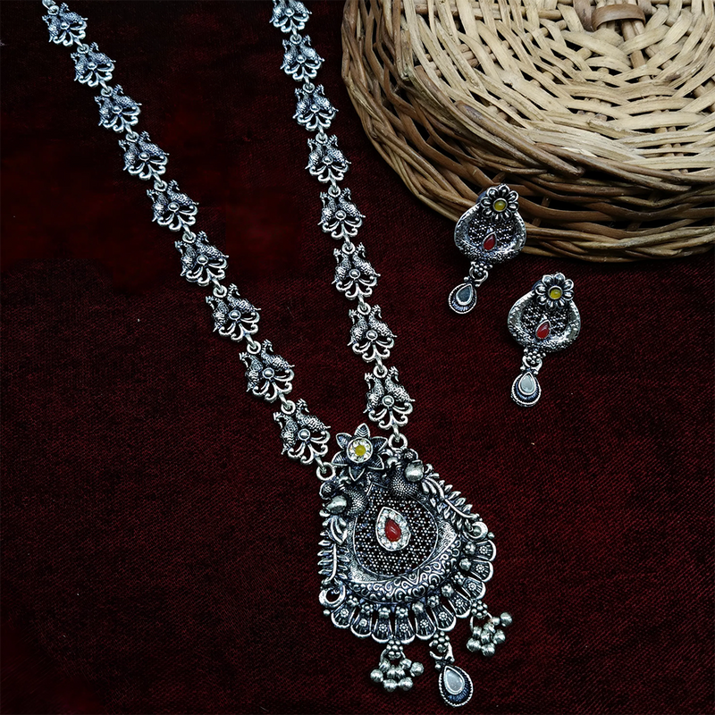 Gehana Mahal Oxidised Plated Pota Stone Long Necklace Set