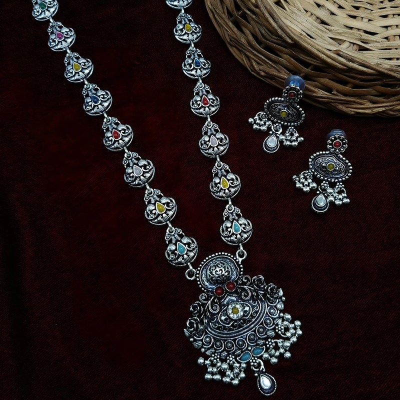 Gehana Mahal Oxidised Plated Pota Stone Long Necklace Set