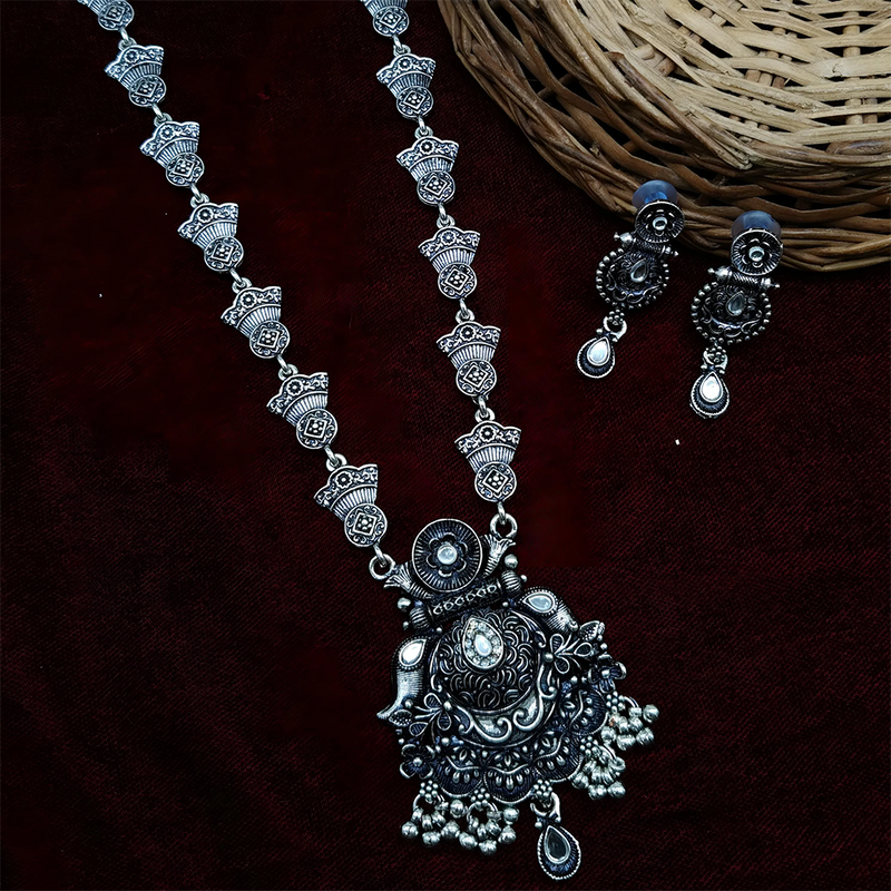 Gehana Mahal Oxidised Plated Pota Stone Long Necklace Set