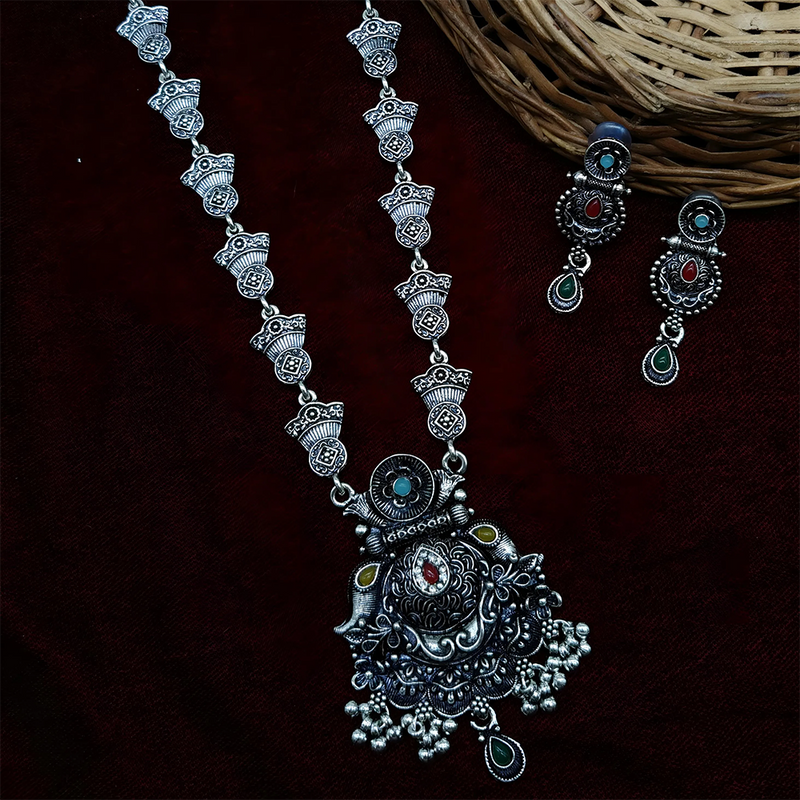 Gehana Mahal Oxidised Plated Pota Stone Long Necklace Set