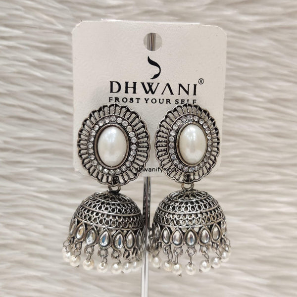 Dhwani Oxidised Plated Kundan Stone And Pearls Jhumki