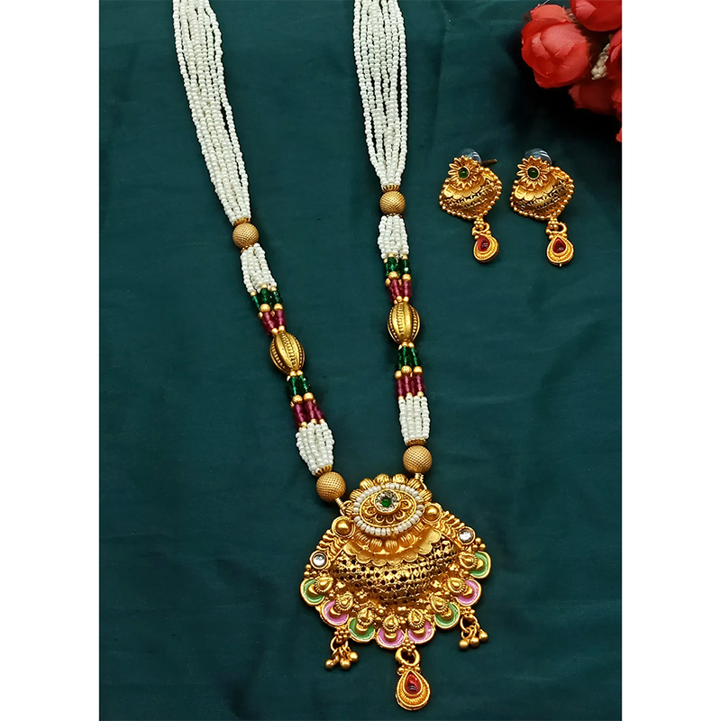 Gehana Mahal Gold Plated Pota Stone And Pearl Necklace Set