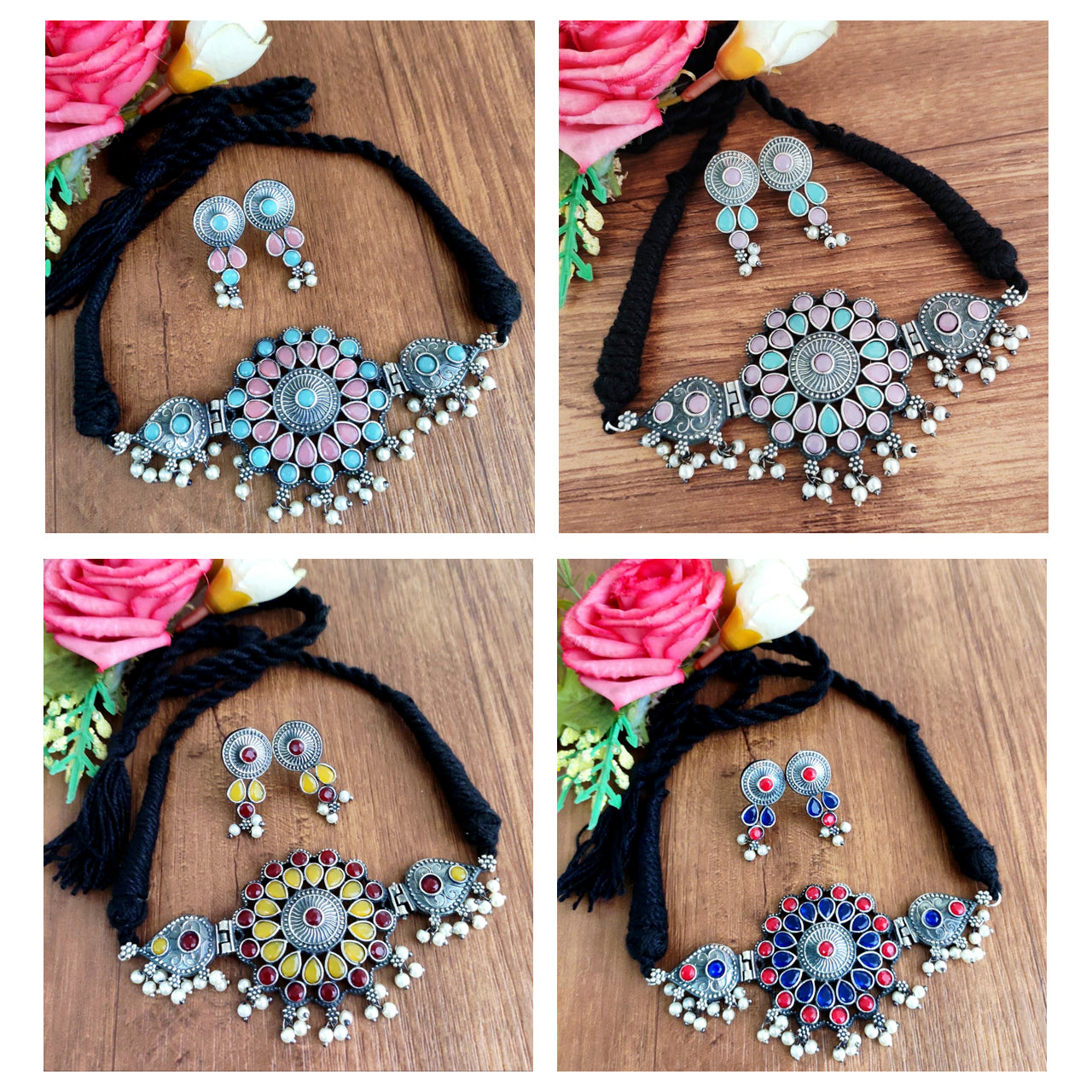 Vaamika Oxidized Plated  Kundan Stone Necklace Set ( assorted color)