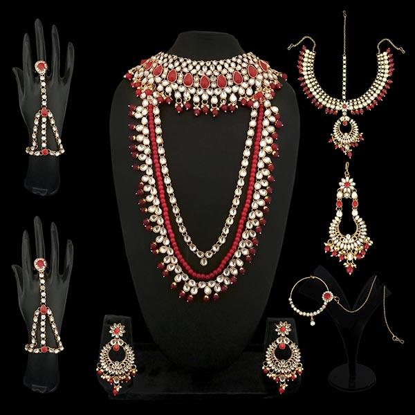 Tip Top Fashions Red Beads Kundan Bridal Set - 1002387A