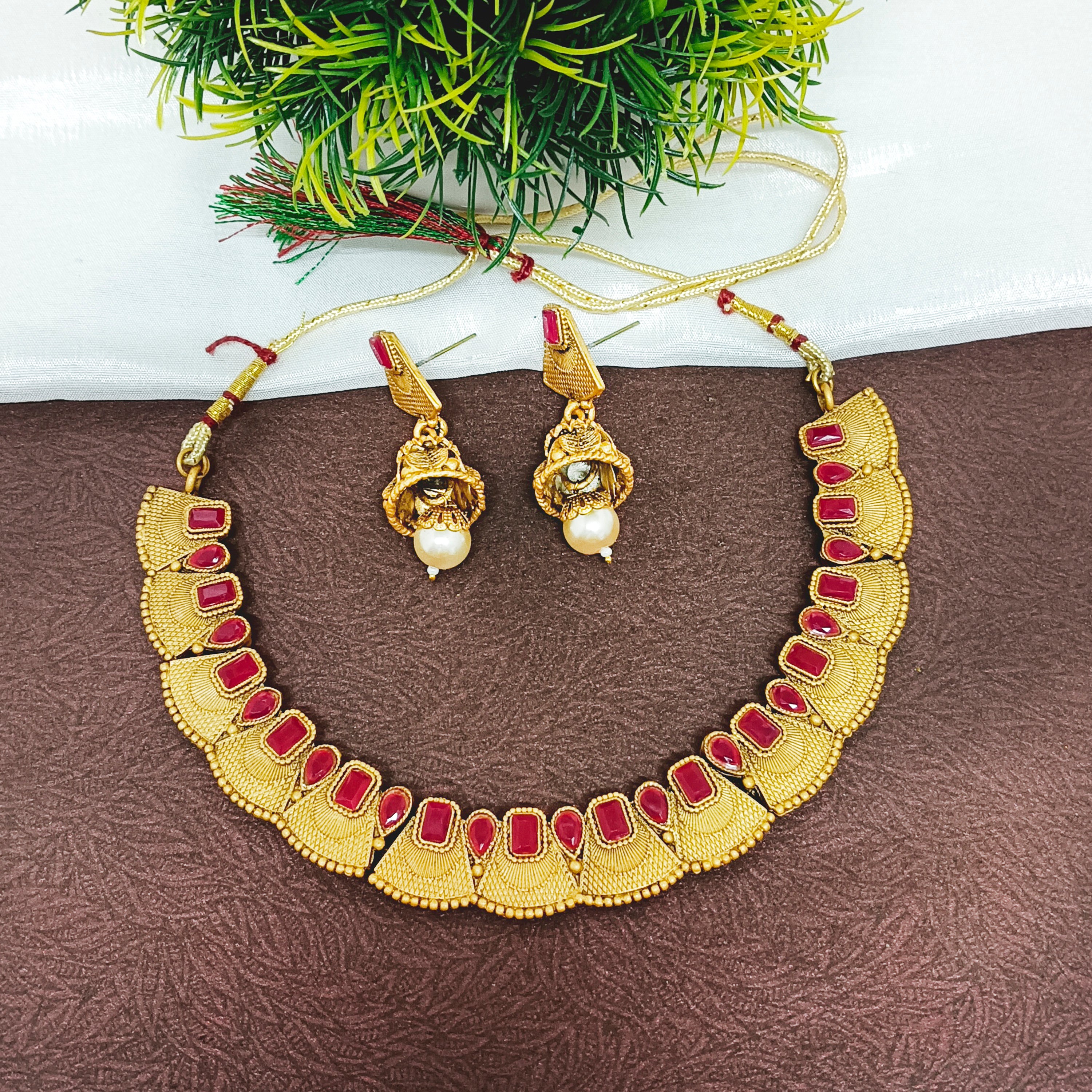 Bhavi Jewels Pota Stone Gold Plated  Necklace Set