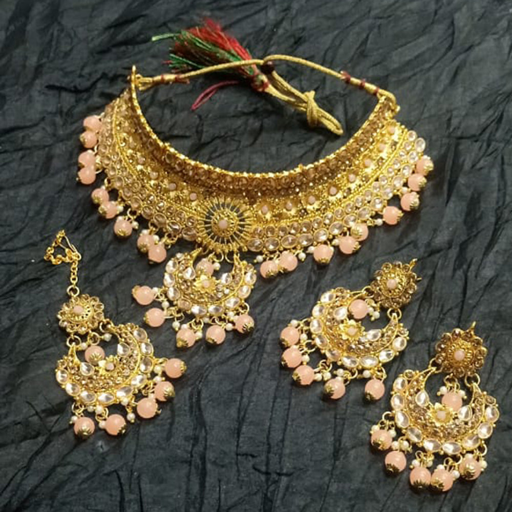 Kumavat Jewels Gold Plated Kundan And Beads Traditional Choker Necklace Set with Maang Tikka