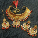 Kumavat Jewels Gold Plated Kundan And Beads Traditional Choker Necklace Set with Maang Tikka