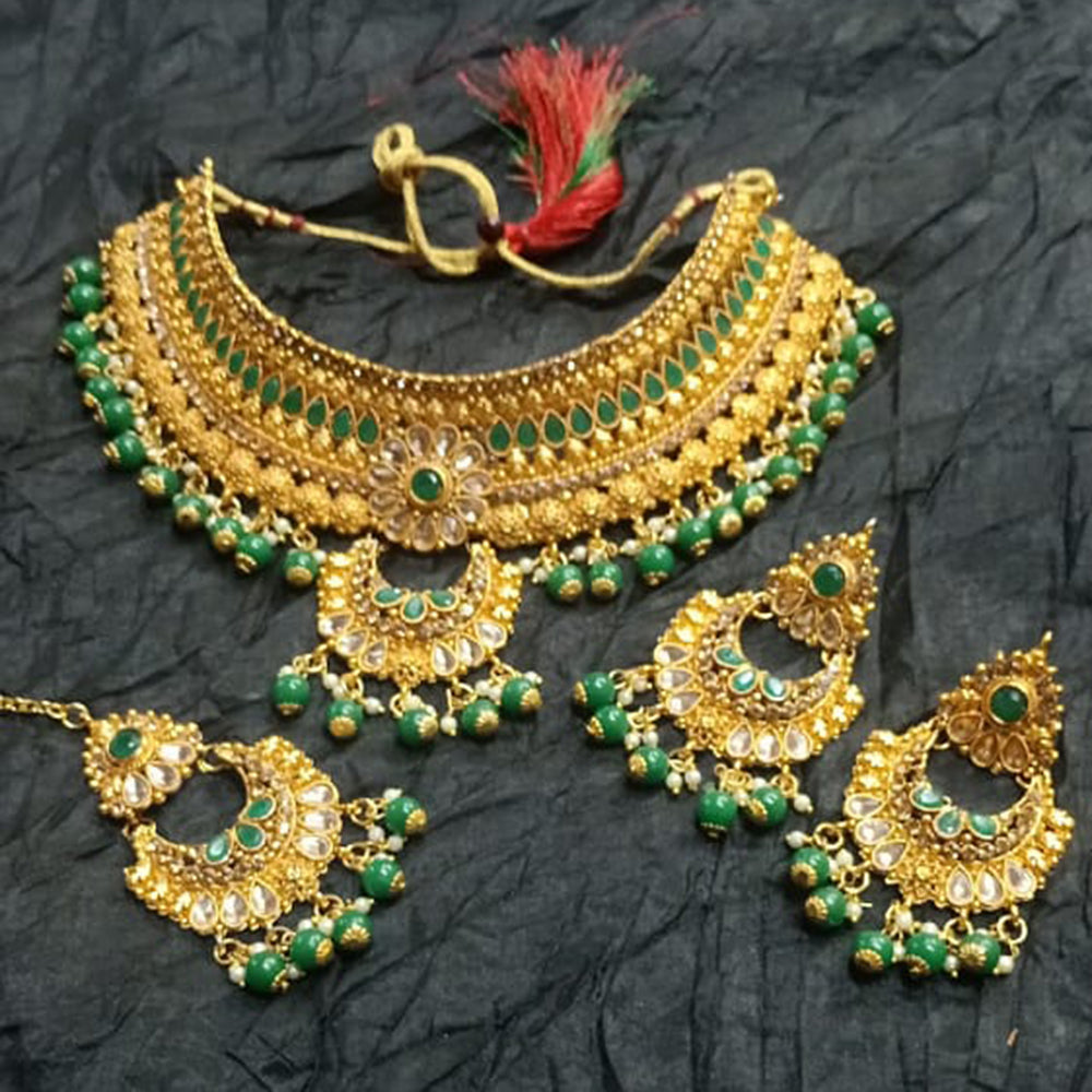 Kumavat Jewels Gold Plated Kundan And Beads Traditional Choker Necklace Set with Maang Tikka