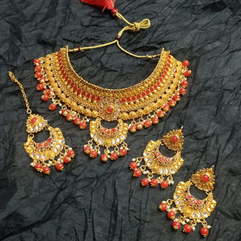 Kumavat Jewels Gold Plated Kundan And Beads Traditional Choker Necklace Set with Maang Tikka