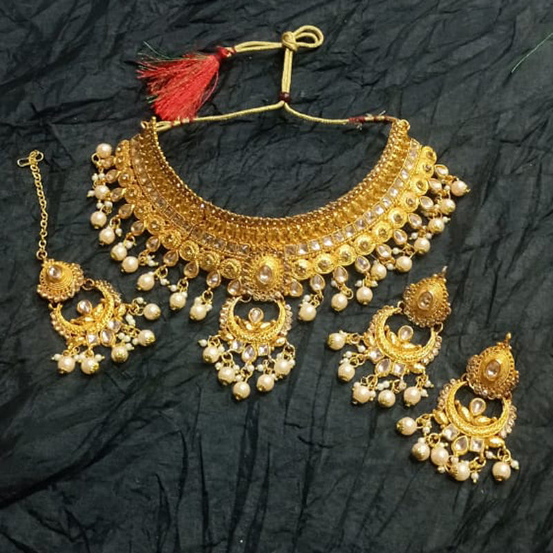 Kumavat Jewels Gold Plated Kundan And Beads Traditional Choker Necklace Set with Maang Tikka