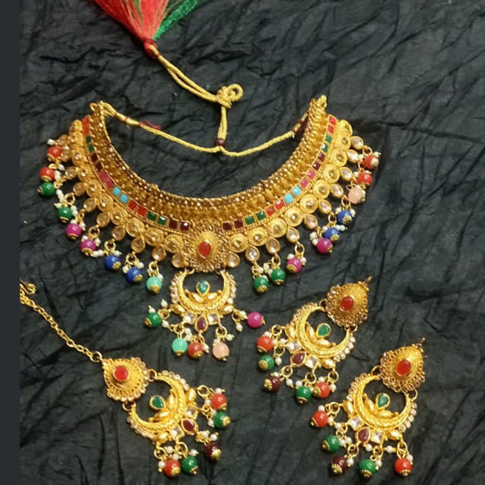 Kumavat Jewels Gold Plated Kundan And Beads Traditional Choker Necklace Set with Maang Tikka