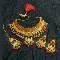 Kumavat Jewels Gold Plated Kundan And Beads Traditional Choker Necklace Set with Maang Tikka