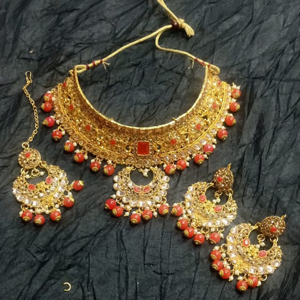 Kumavat Jewels Gold Plated Kundan And Beads Traditional Choker Necklace Set with Maang Tikka