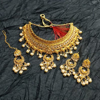 Kumavat Jewels Gold Plated Kundan And Beads Traditional Choker Necklace Set with Maang Tikka