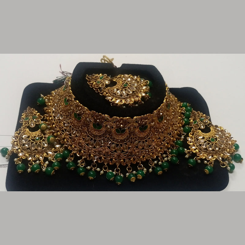 Kumavat Jewels Gold Plated Kundan Stone And Beads Traditional Choker Necklace Set with Maang Tikka