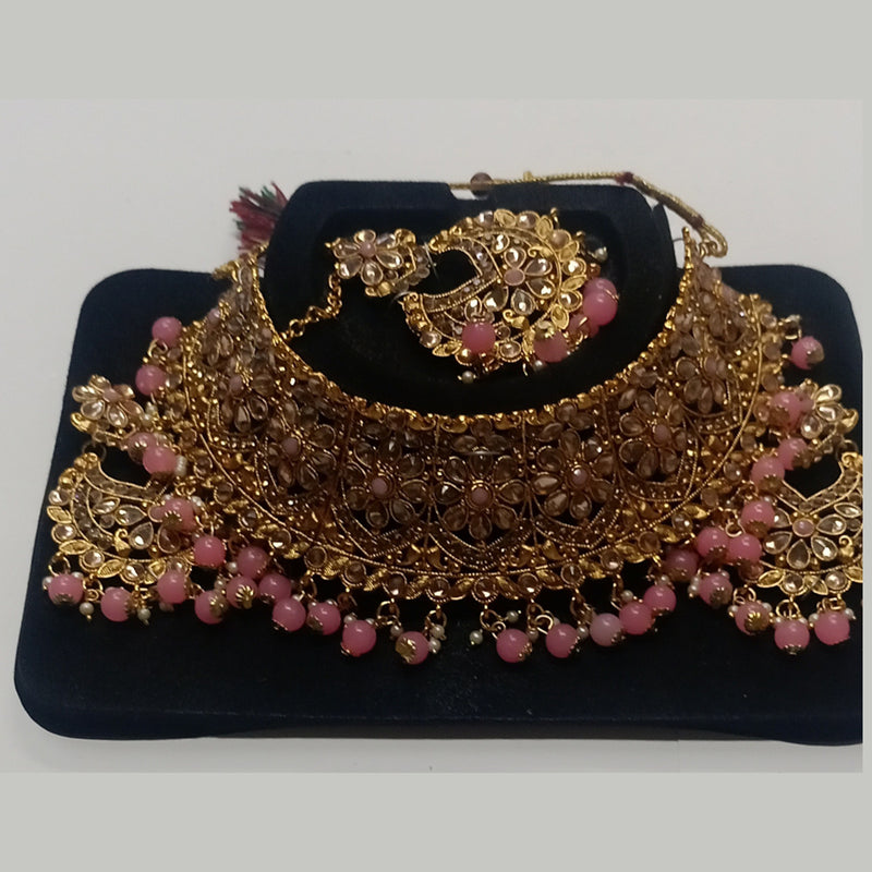 Kumavat Jewels Gold Plated Kundan Stone And Beads Traditional Choker Necklace Set with Maang Tikka