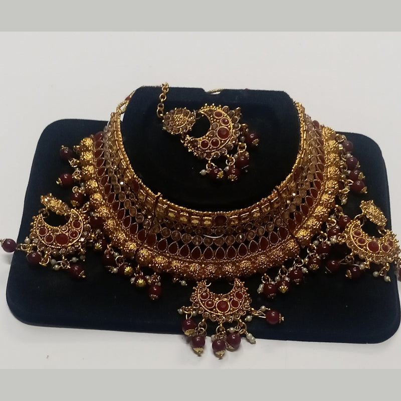 Kumavat Jewels Gold Plated Kundan Stone And Beads Traditional Choker Necklace Set with Maang Tikka