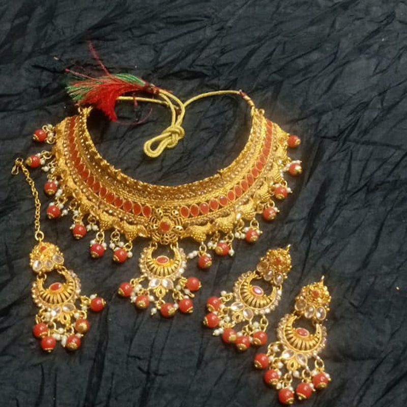 Kumavat Jewels Gold Plated Kundan Stone And Beads Traditional Choker Necklace Set with Maang Tikka