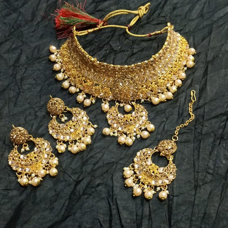 Kumavat Jewels Gold Plated Kundan Stone And Beads Traditional Choker Necklace Set with Maang Tikka