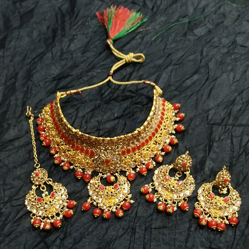 Kumavat Jewels Gold Plated Kundan Stone And Beads Traditional Choker Necklace Set with Maang Tikka