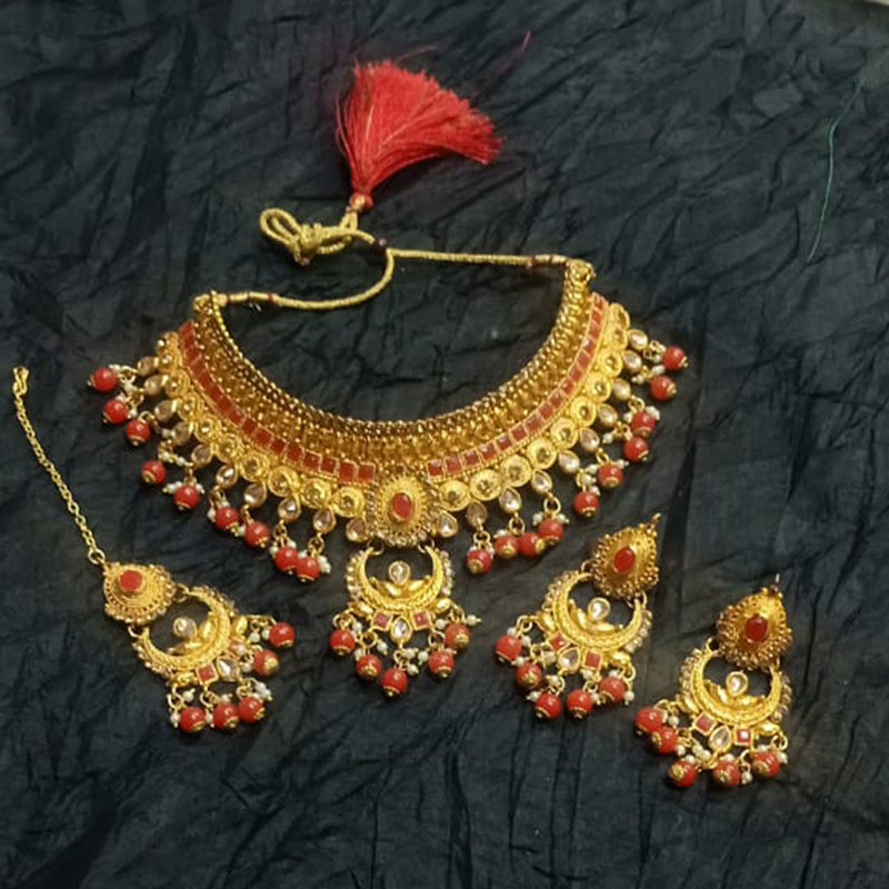 Kumavat Jewels Gold Plated Kundan Stone And Beads Traditional Choker Necklace Set with Maang Tikka