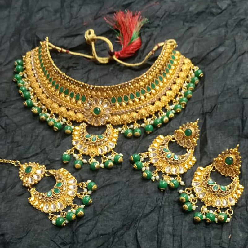 Kumavat Jewels Gold Plated Kundan Stone And Beads Traditional Choker Necklace Set with Maang Tikka