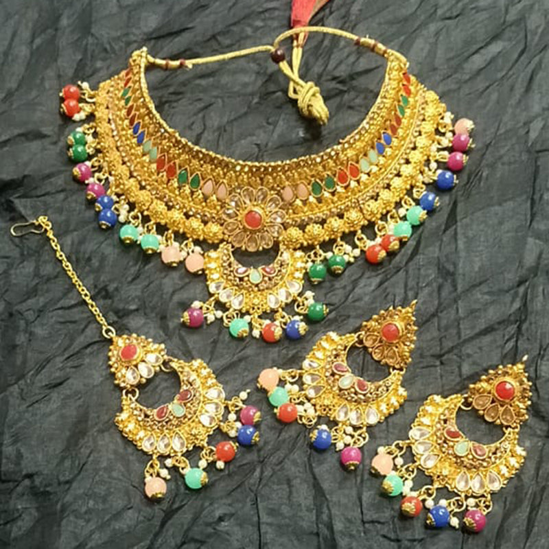 Kumavat Jewels Gold Plated Kundan Stone And Beads Traditional Choker Necklace Set with Maang Tikka