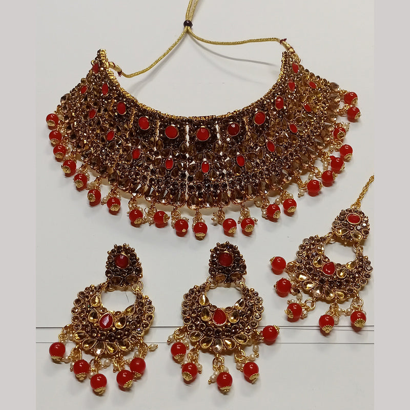 Kumavat Jewels Gold Plated Kundan Stone And Beads Traditional Choker Necklace Set with Maang Tikka