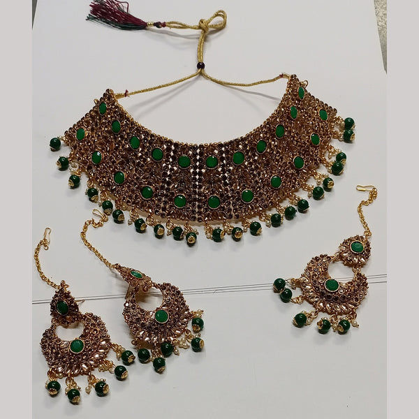 Kumavat Jewels Gold Plated Kundan Stone And Beads Traditional Choker Necklace Set with Maang Tikka