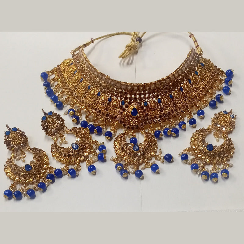 Kumavat Jewels Gold Plated Kundan Stone And Beads Traditional Choker Necklace Set with Maang Tikka