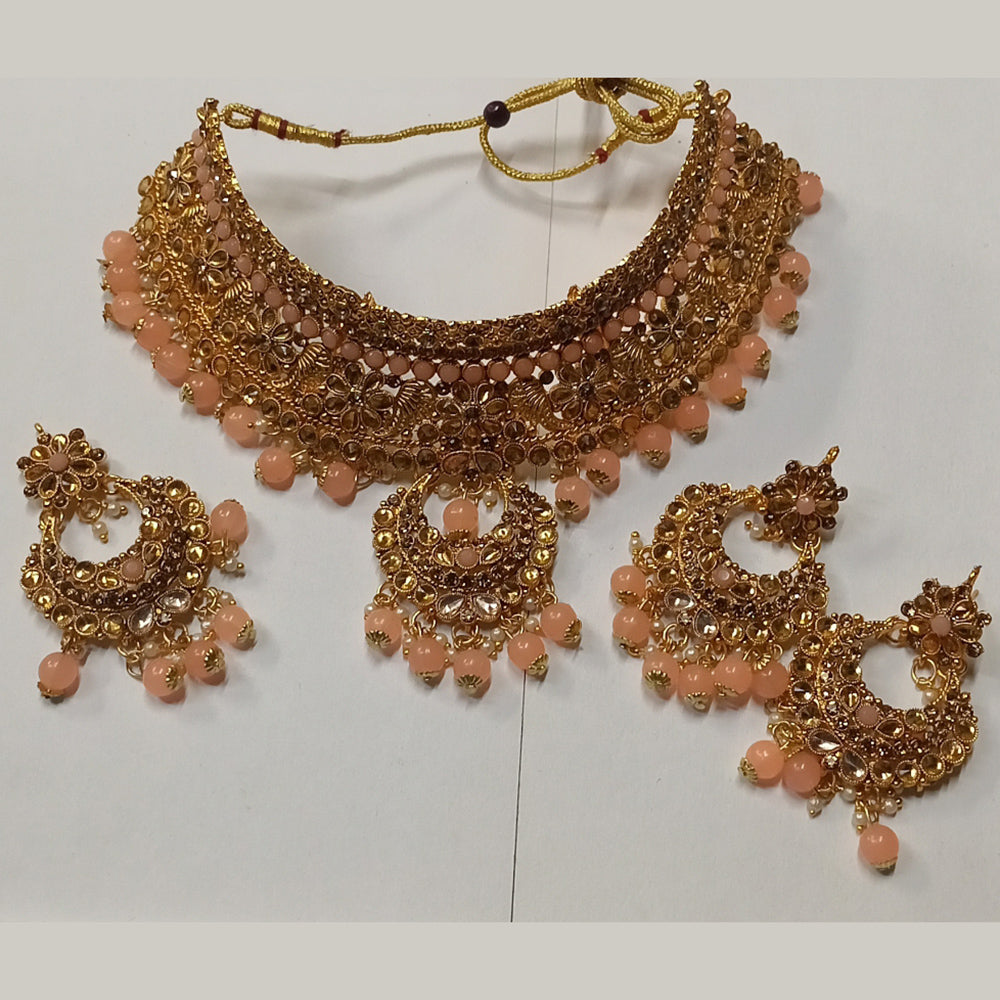 Kumavat Jewels Gold Plated Kundan Stone And Beads Traditional Choker Necklace Set with Maang Tikka