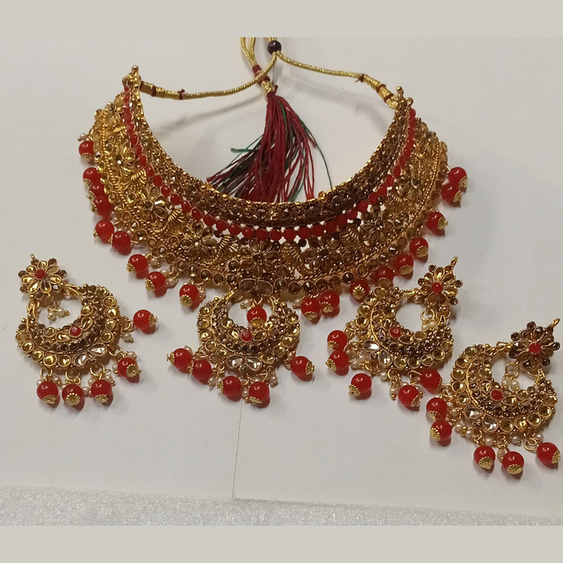 Kumavat Jewels Gold Plated Kundan Stone And Beads Traditional Choker Necklace Set with Maang Tikka