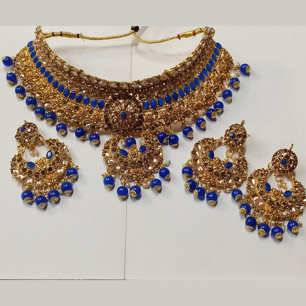 Kumavat Jewels Gold Plated Kundan Stone And Beads Traditional Choker Necklace Set with Maang Tikka