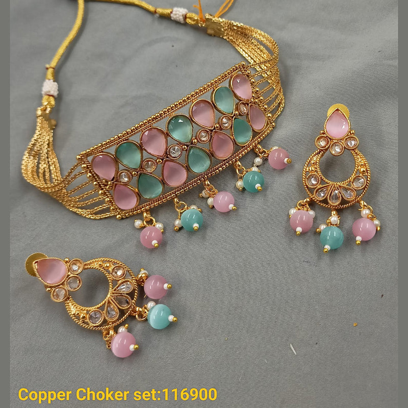 Padmawati Bangles Copper Gold Plated Crystal Stone & Beads Choker Necklace Set