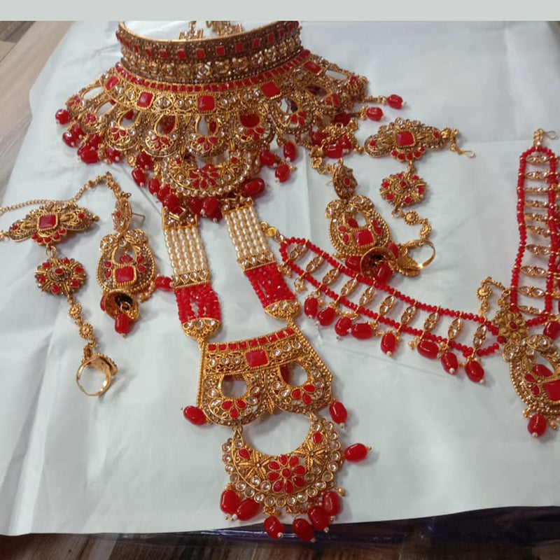 Neetu Art Gold Plated Red Stone And Kundan Bridal Jewellery Set for Women