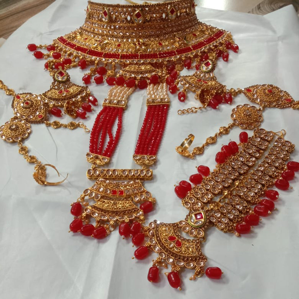 Neetu Art Gold Plated Red Stone And Kundan Bridal Jewellery Set for Women