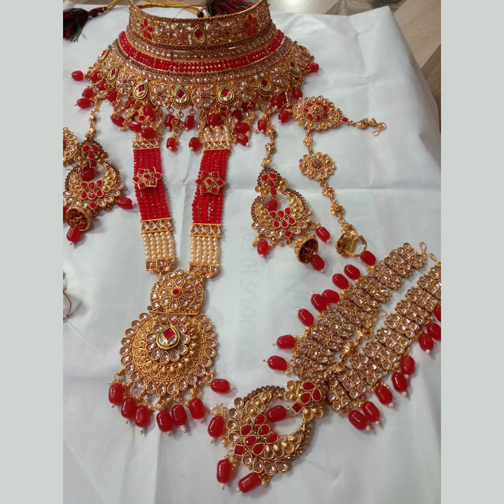 Neetu Art Gold Plated Red Stone And Kundan Bridal Jewellery Set for Women