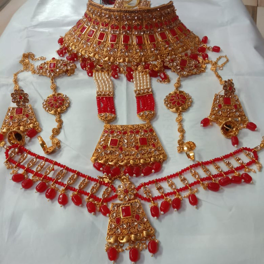 Neetu Art Gold Plated Red Stone And Kundan Bridal Jewellery Set for Women