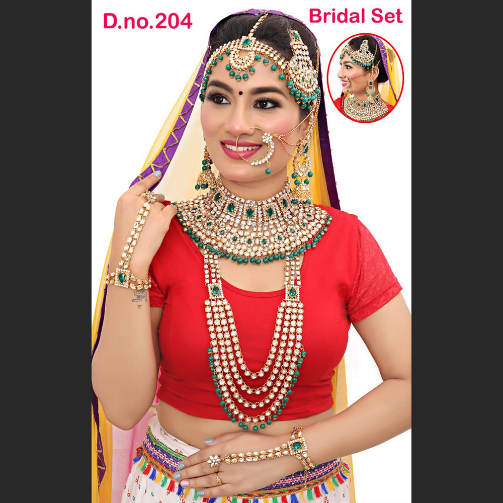 Neetu Art Gold Plated Green Stone And Kundan Bridal Jewellery Set for Women