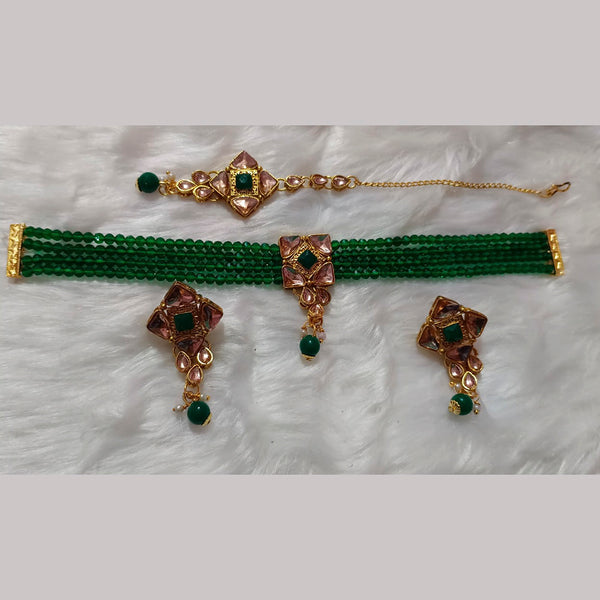 Neetu Art Gold Plated Crystal Stone Choker Necklace Set With Maangtikka